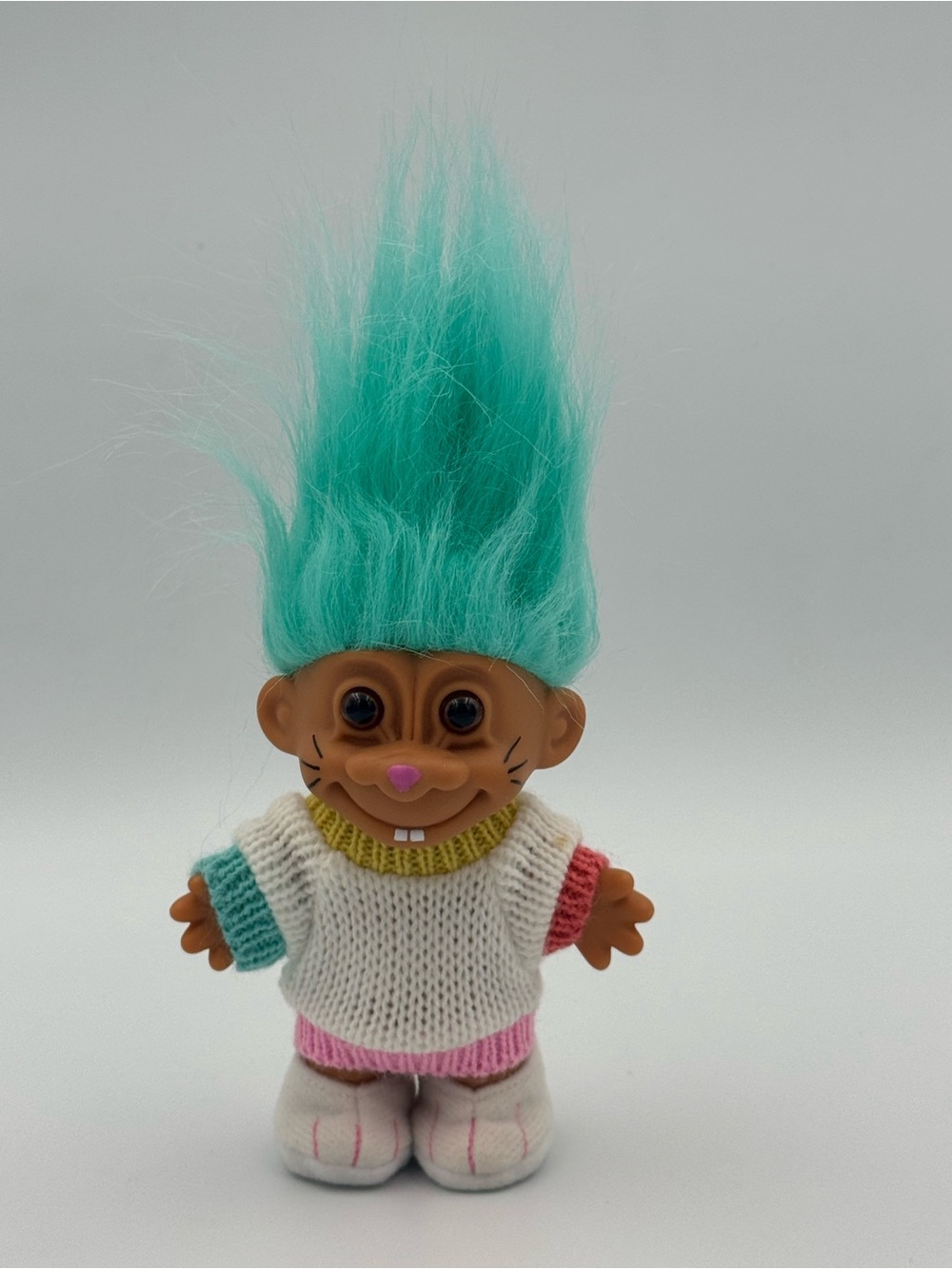 Vtg Russ Berrie Easter Bunny‎ Troll Doll Blue Hair Pastel Sweater 7 Inch